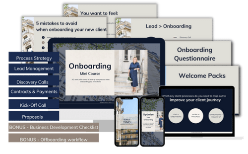 Mockup of the assets included with the Onboarding Mini Course
