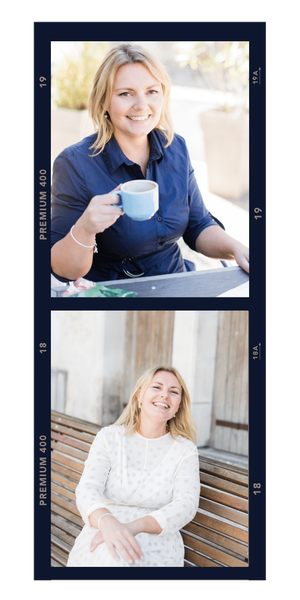 Navy blue filmstrip effect with 2 images of Kate.