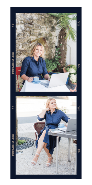 Dark blue film strip with 2 images of Kate.