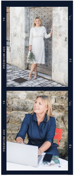 Two photos: Top, Kate in a white dress leaning on a wooden door. Bottom, Kate in a blue dress seated outside with a laptop and magazine, embodying her role as a consultant for small business.