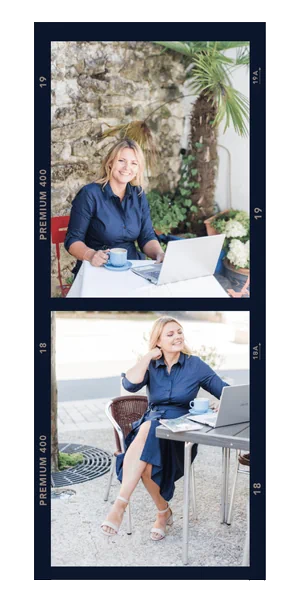 Two photos capture Kate in a blue dress, enjoying coffee with their laptop at an outdoor café. They look focused, perhaps strategizing for one of the small management consulting firms in London. The setting is both vibrant and inspiring.